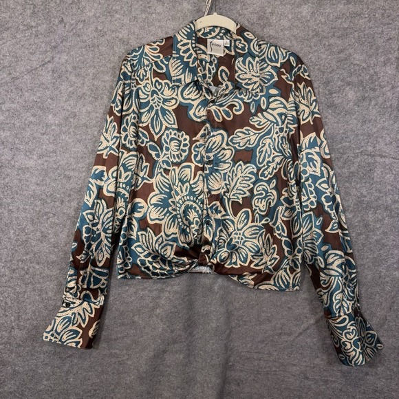 Finley Tops - Finley Satin Blouse Womens Sz L Brown Blue Floral Twist Front French Cuffs